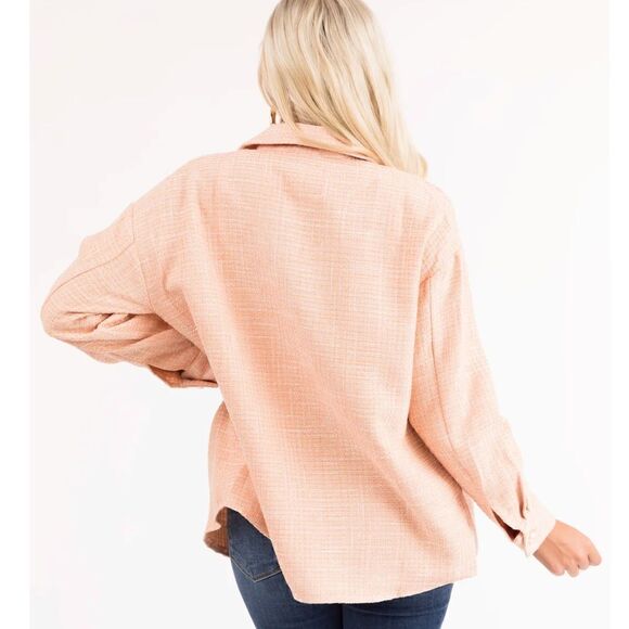 Andree Oversized Pearl Button Down Tweed Shacket Peach M - Picture 3 of 13